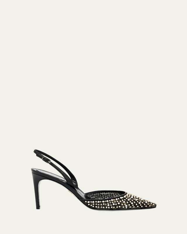 Pearly Stud Lace Slingback Pumps